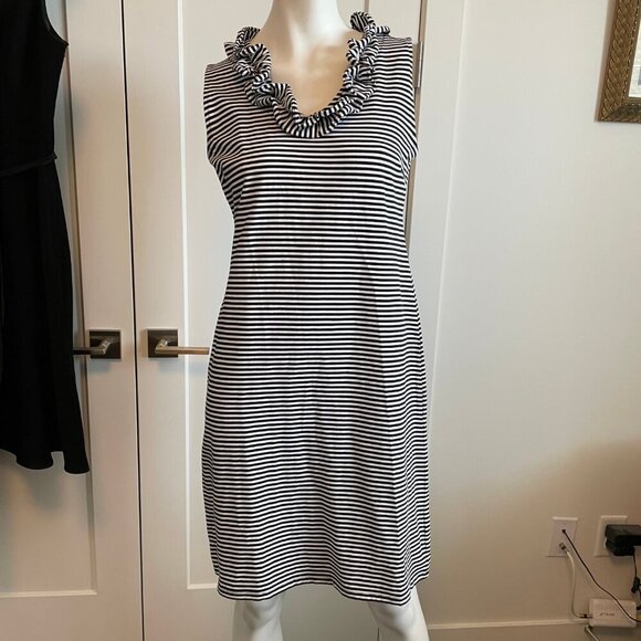 Talbots Slvless Scoop Ruffle Neck Cotton Blend Striped Midi ress Blk & Wht Sz S - Picture 11 of 11